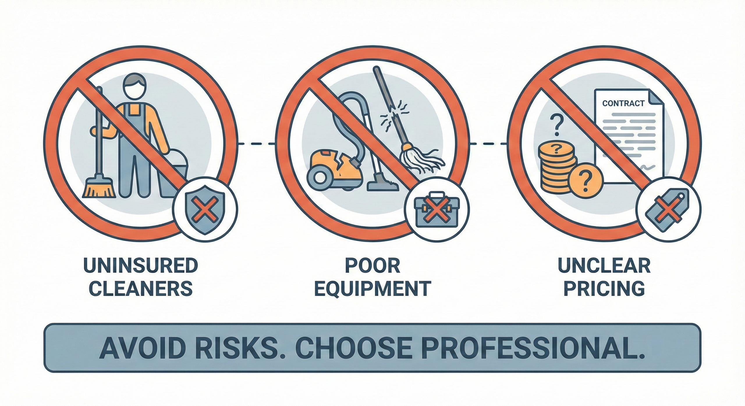 Conceptual image showing warning signs like crossed-out icons for uninsured cleaners, poor equipment, unclear pricing, educational and professional illustration style