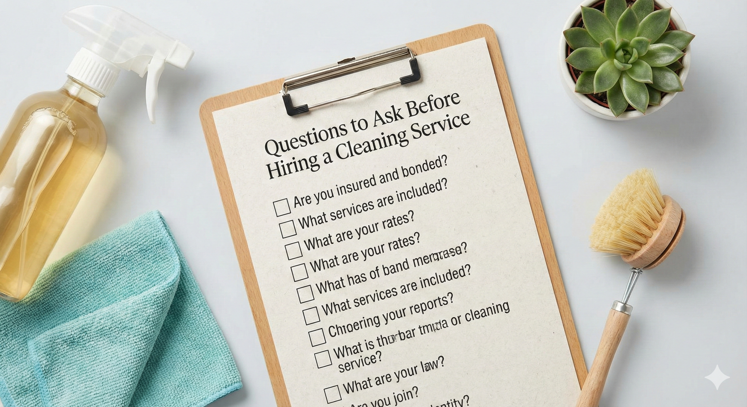 Flat lay image of a clipboard checklist titled “Questions to Ask Before Hiring a Cleaning Service”, cleaning supplies around it, clean minimal background, realistic photography