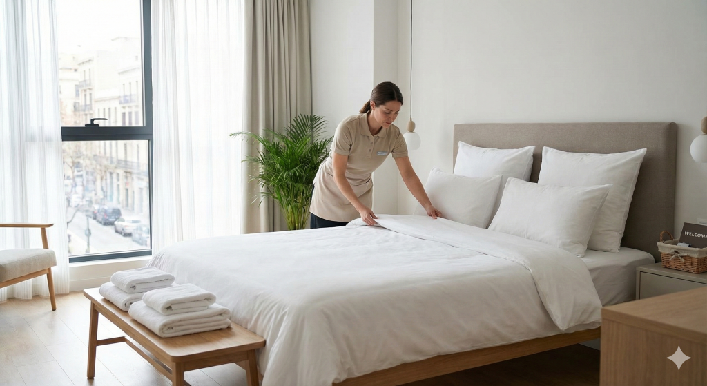 Professional cleaner preparing an Airbnb rental, fresh linens on bed, hotel-style setup, clean modern bedroom, realistic photography, high quality, no text