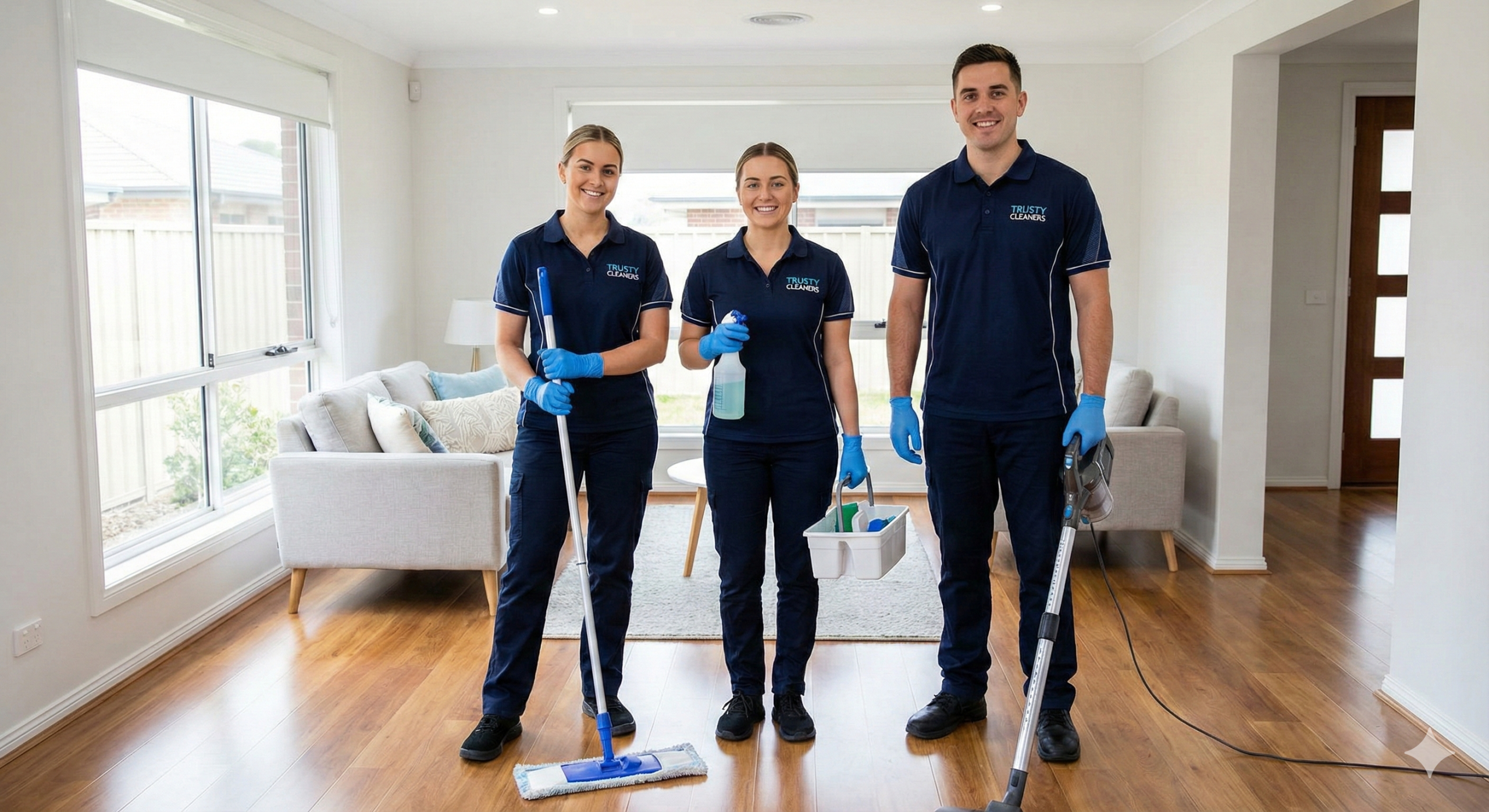 Professional cleaning staff wearing uniforms and gloves, holding cleaning tools, confident posture, clean residential home background, trustworthy and reliable service look, realistic photography