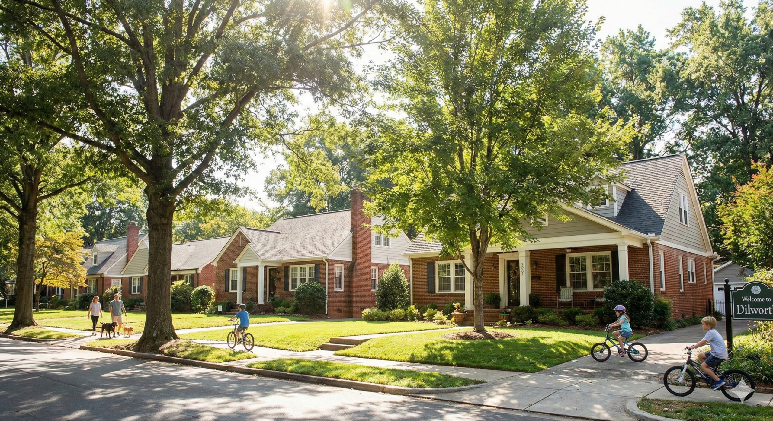 Residential neighborhood in Charlotte, North Carolina, clean homes, tree-lined street, sunny weather, welcoming suburban environment, realistic city lifestyle photography