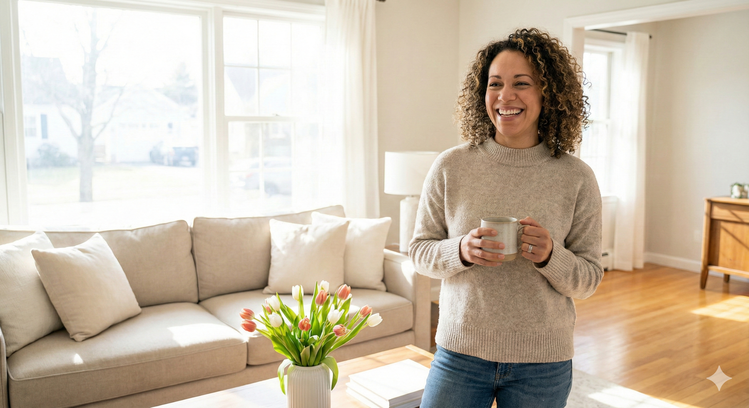 Smiling homeowner standing in a freshly cleaned living room, bright and spotless interior, relaxed and happy mood, realistic lifestyle photography
